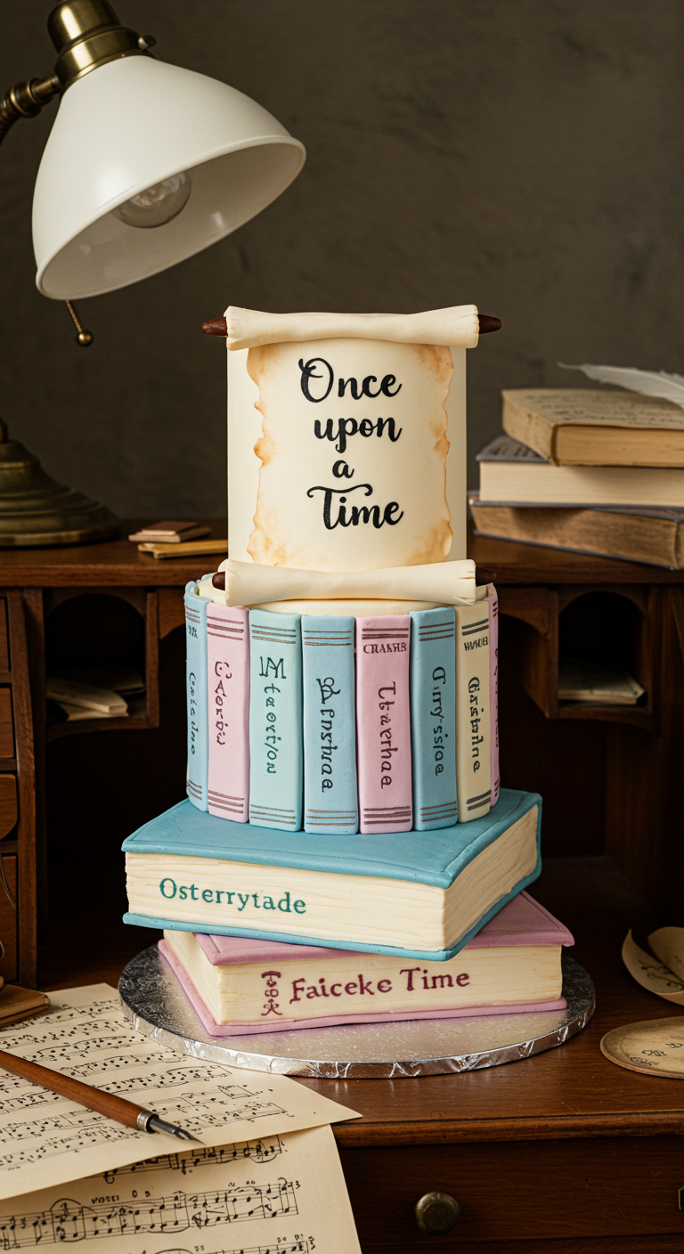 Torte als Bücherstapel mit „Once upon a time“-Schriftrolle obendrauf.