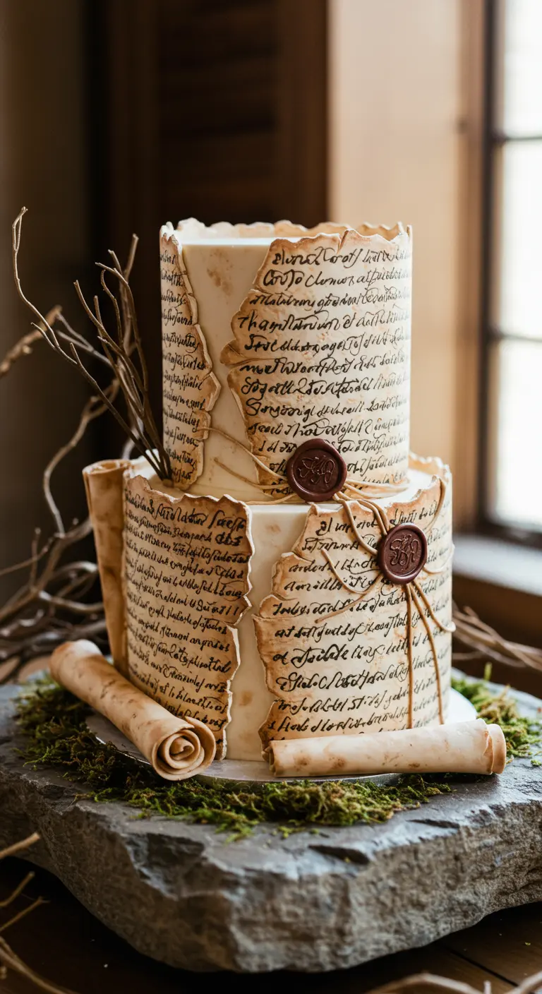 Zweistöckige Torte im Pergamentrollen-Look mit Schriftzügen und Wachssiegeln
