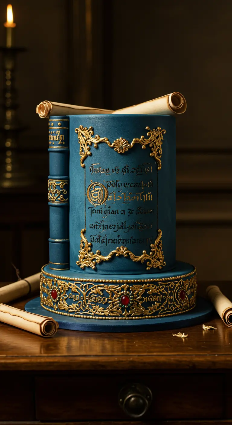 Blaue Torte in Form eines Buches mit goldenen gotischen Verzierungen und Schriftzügen