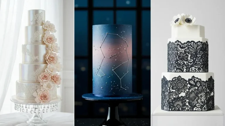 Eine mehrstöckige, romantische Hochzeitstorte, verziert mit altrosa Rosen und Spitzenelementen.
