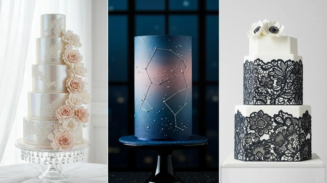 Eine mehrstöckige, romantische Hochzeitstorte, verziert mit altrosa Rosen und Spitzenelementen.