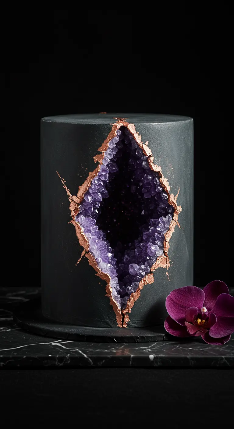 Dunkelgraue Torte mit aufbrechender violetter Zuckerkristall-Geode und Kupferakzenten.