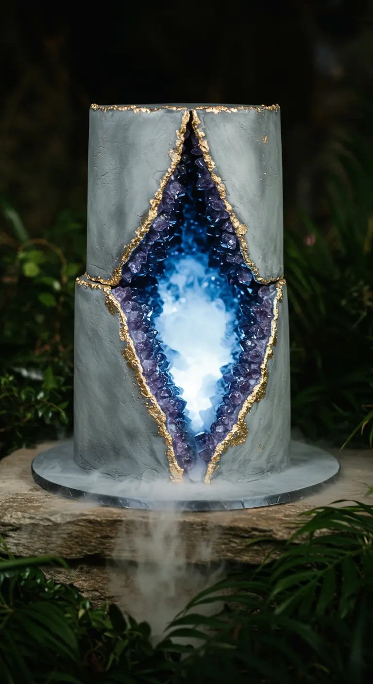 Graue Geoden-Torte mit leuchtend blauen Amethystkristallen und Nebel aus dem Inneren.