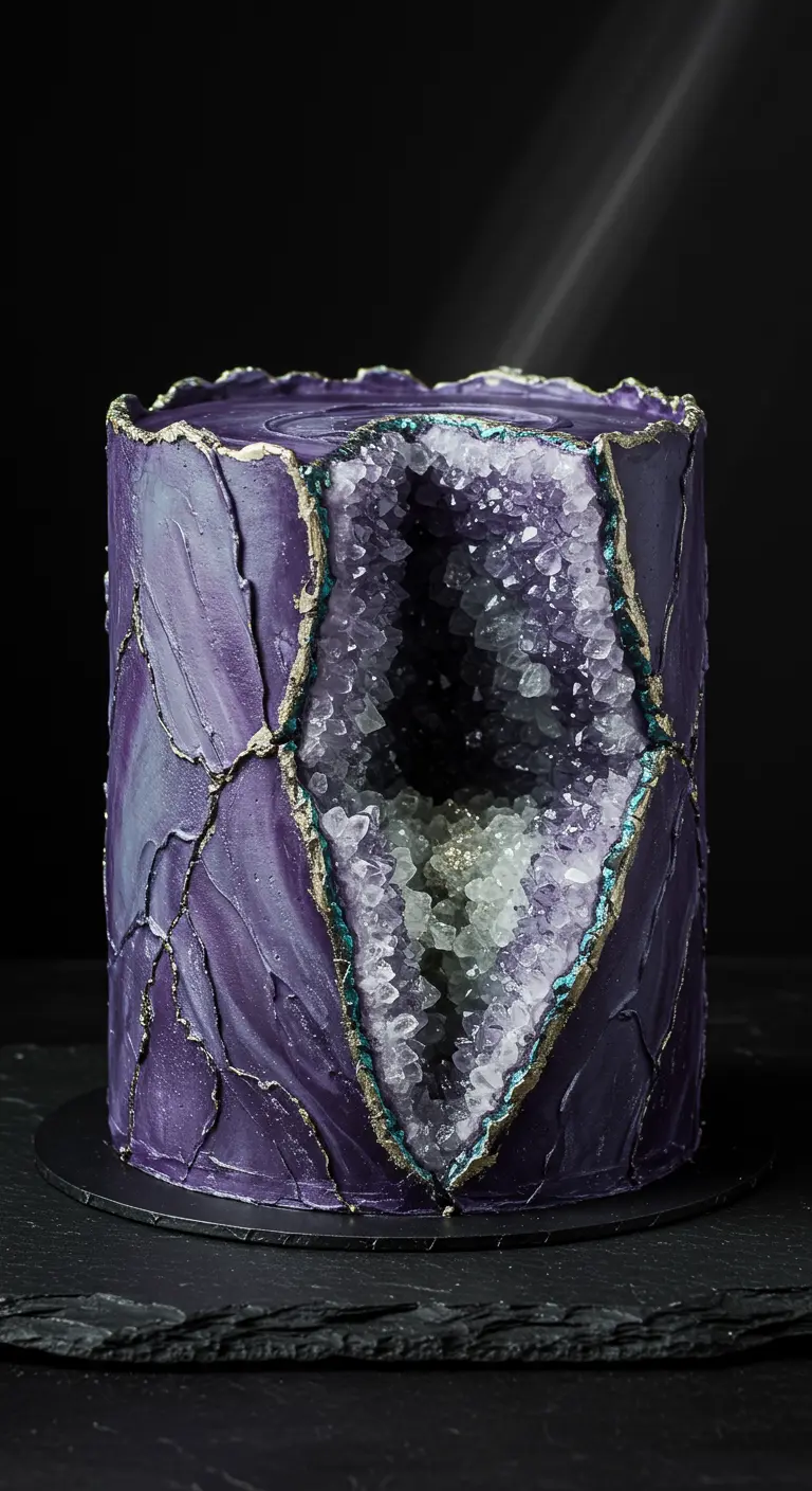 Lila Hochzeitstorte mit Goldrissen und einem Amethyst-Geoden-Ausschnitt.