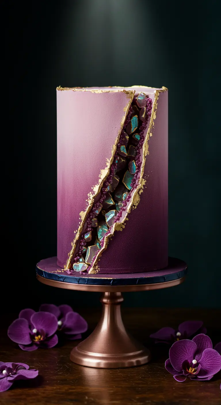Violett-Ombre-Torte mit einem vertikalen Schnitt, der einen Amethyst-Geoden-Look mit Goldrändern zeigt.