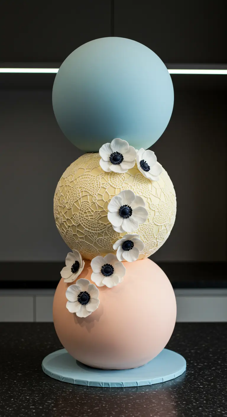 Drei übereinander gestapelte Kugeltorten in Pastellblau, -gelb mit Spitze und -rosa, dekoriert mit weißen Anemonen.