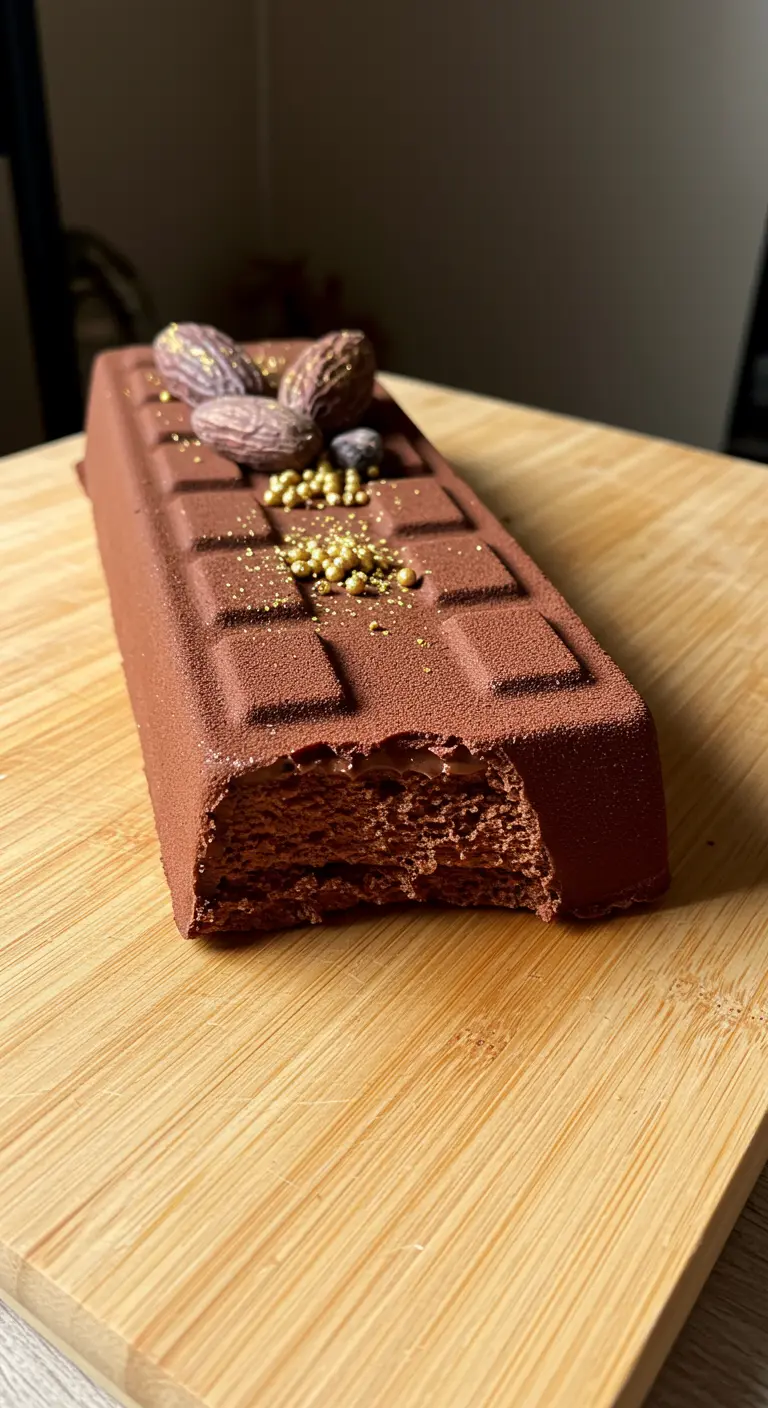 Schokoladenmousse-Kuchen in Form einer angebissenen Schokoladentafel auf hellem Holzbrett.