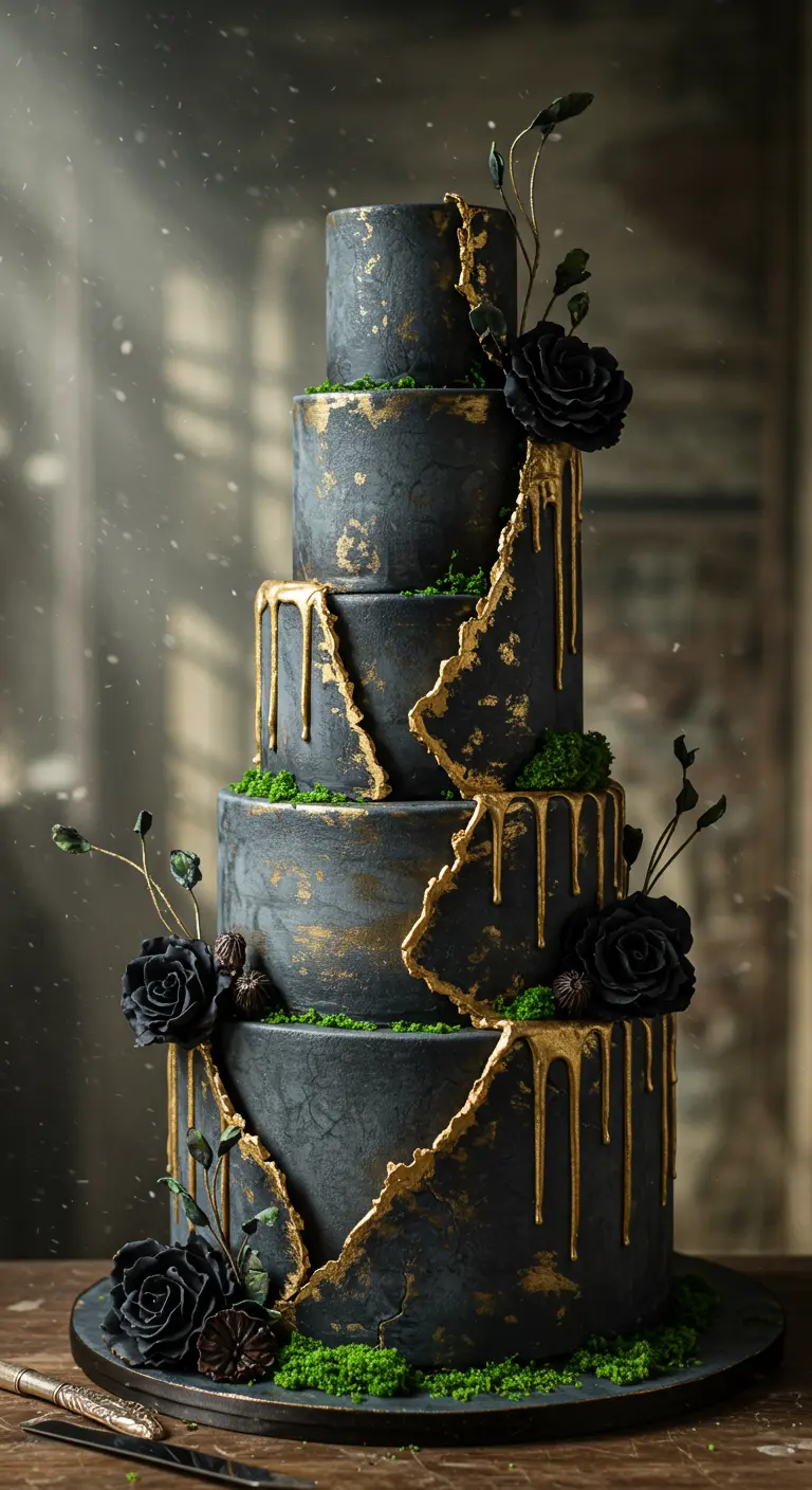 Dunkelgraue, rustikale Hochzeitstorte mit goldenem Drip, schwarzen Rosen und Moos-Details.