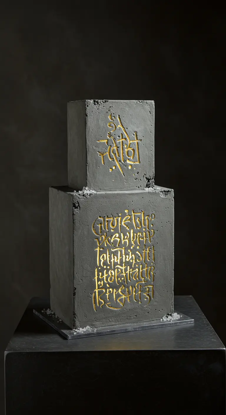 Zweistöckige Torte in Betonoptik mit goldenen Hieroglyphen und rauer Textur