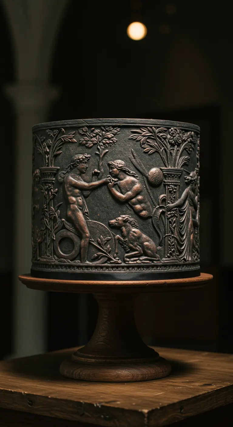 Runde Schokoladentorte mit einem antiken, detaillierten Basrelief von Göttern und Figuren.