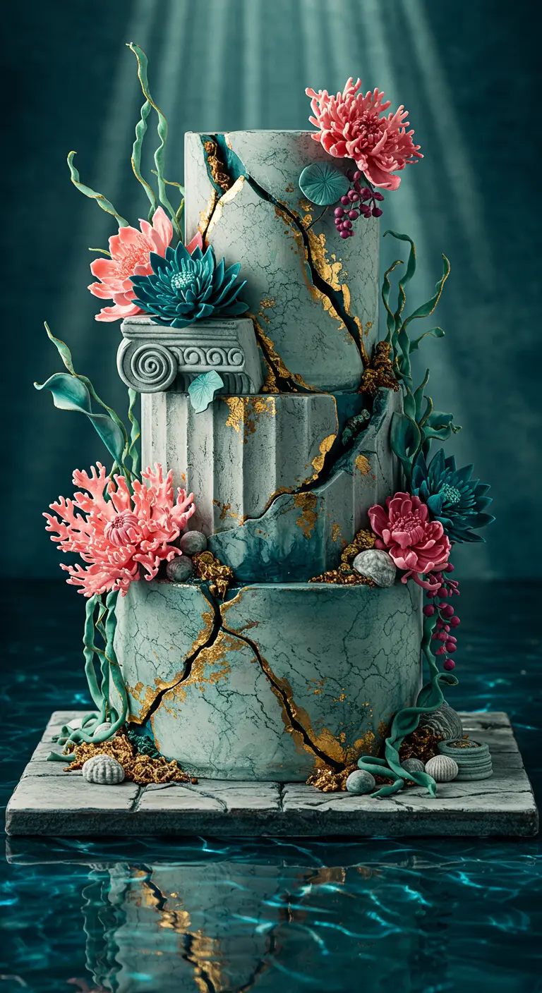 Antike Säulen-Torte mit Rissen, goldenen Akzenten und leuchtenden pinken sowie türkisen Zuckerblumen.