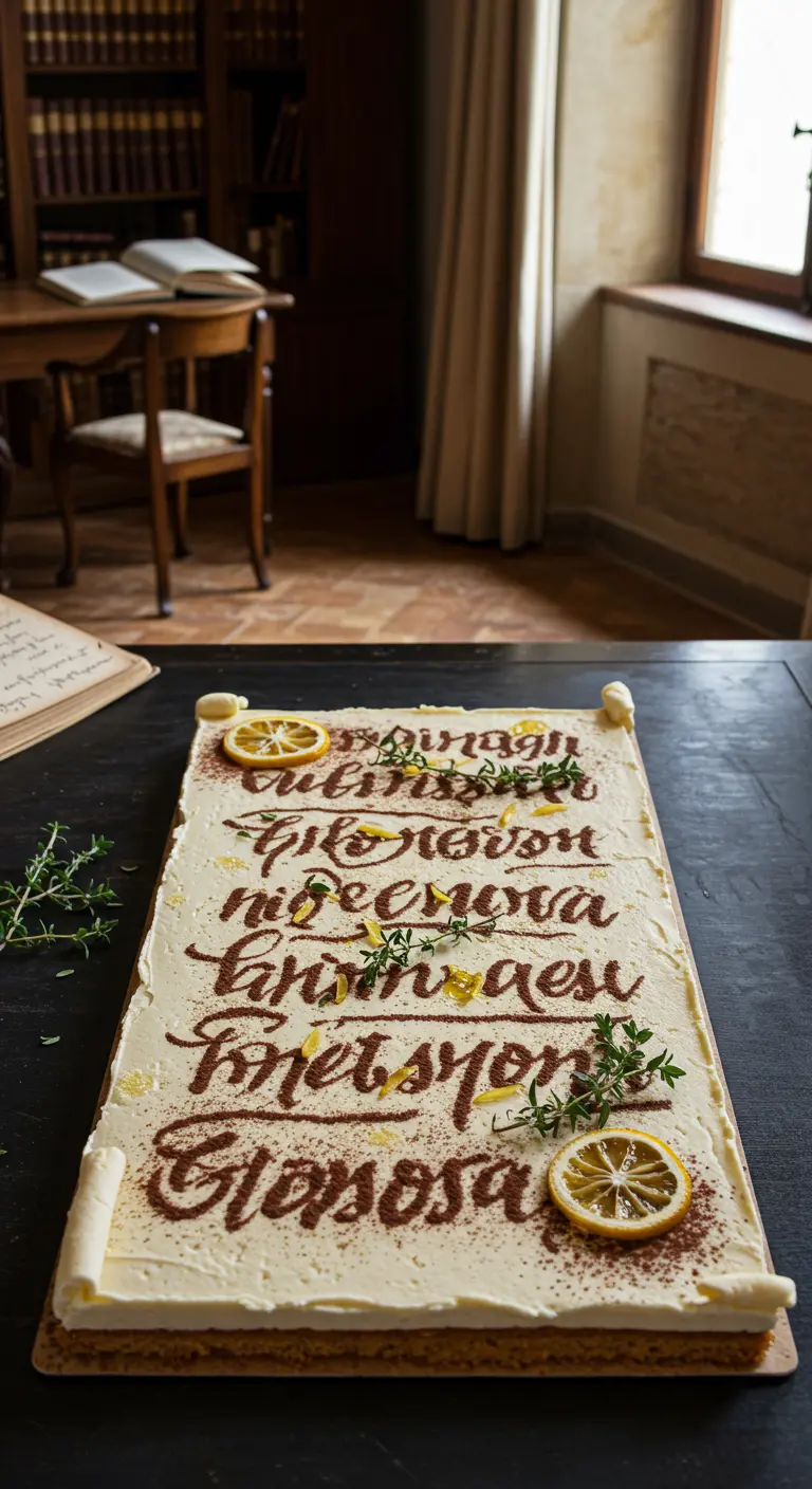 Rechteckige Torte als Schriftrolle mit Kakaopulver-Schrift, Zitronenscheiben und Kräutern.