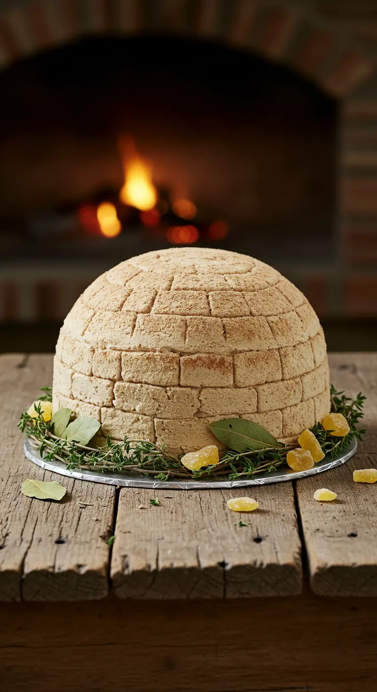 Kuppelförmige Torte mit Backsteinmuster, dekoriert mit Kräutern und kandierten Früchten.