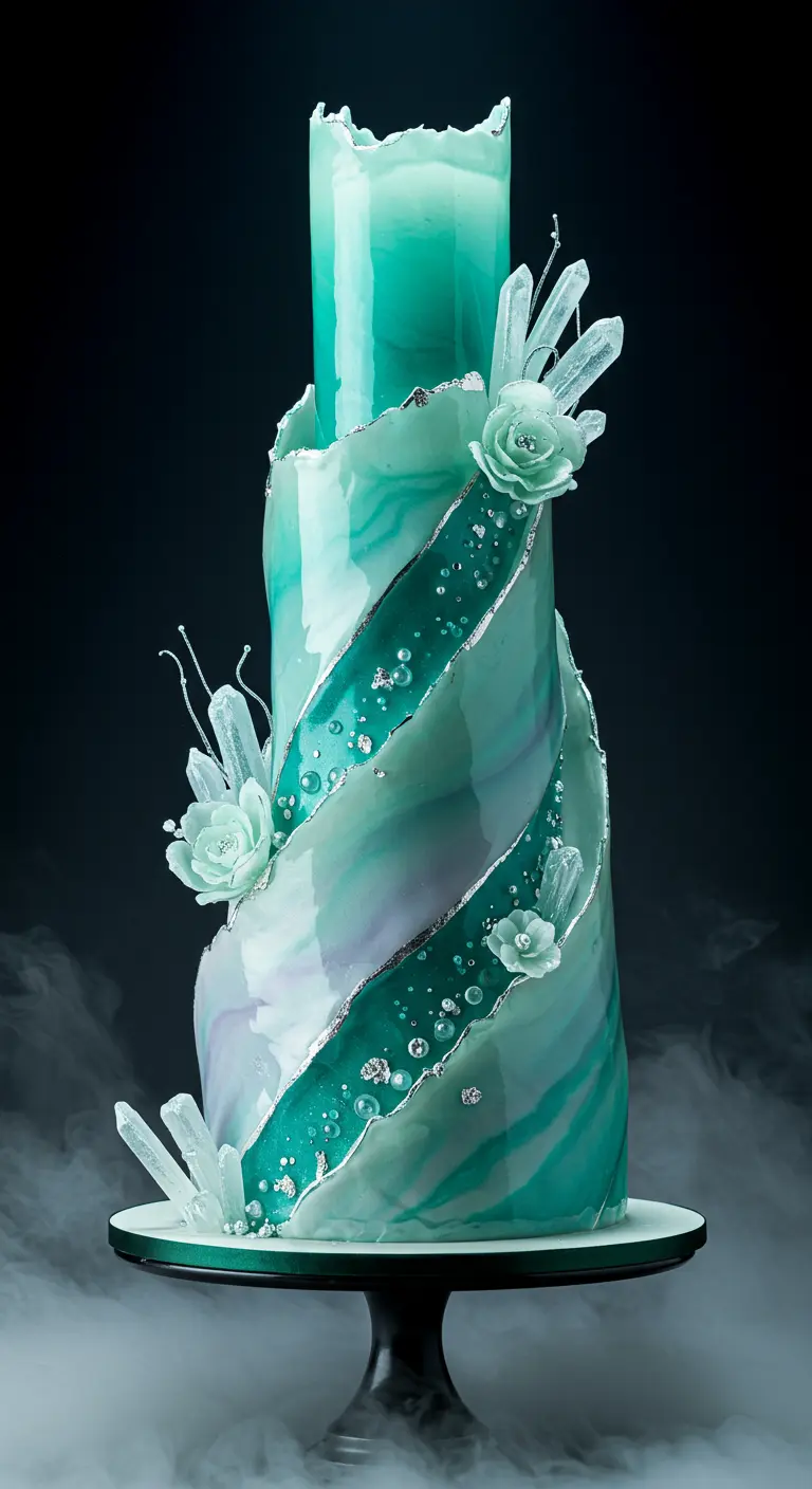 Hochzeitstorte mit spiralförmigem Aquamarin-Look, Zuckerblüten und glitzernden Eiskristallen.