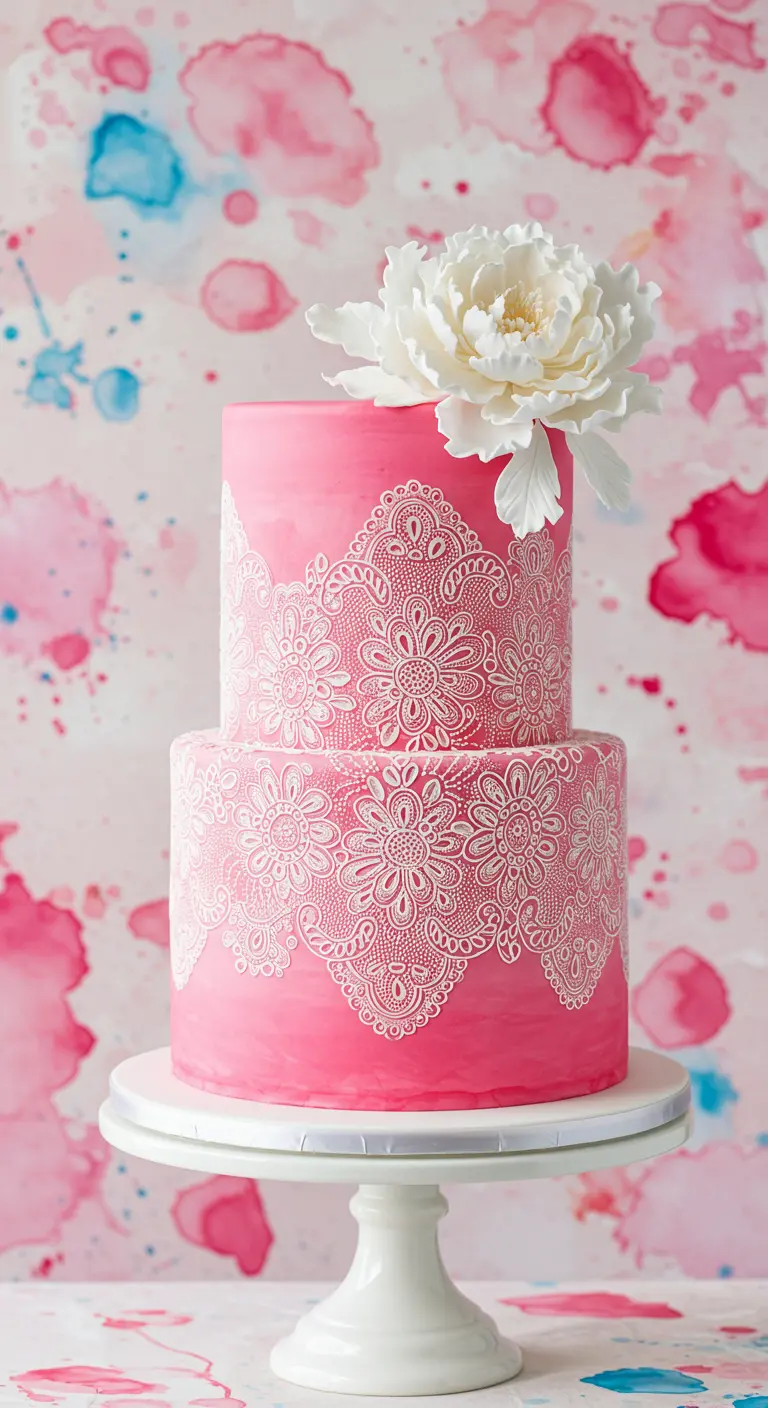 Zweistöckige pinke Torte mit weißem Spitzenmuster und einer großen weißen Pfingstrose.