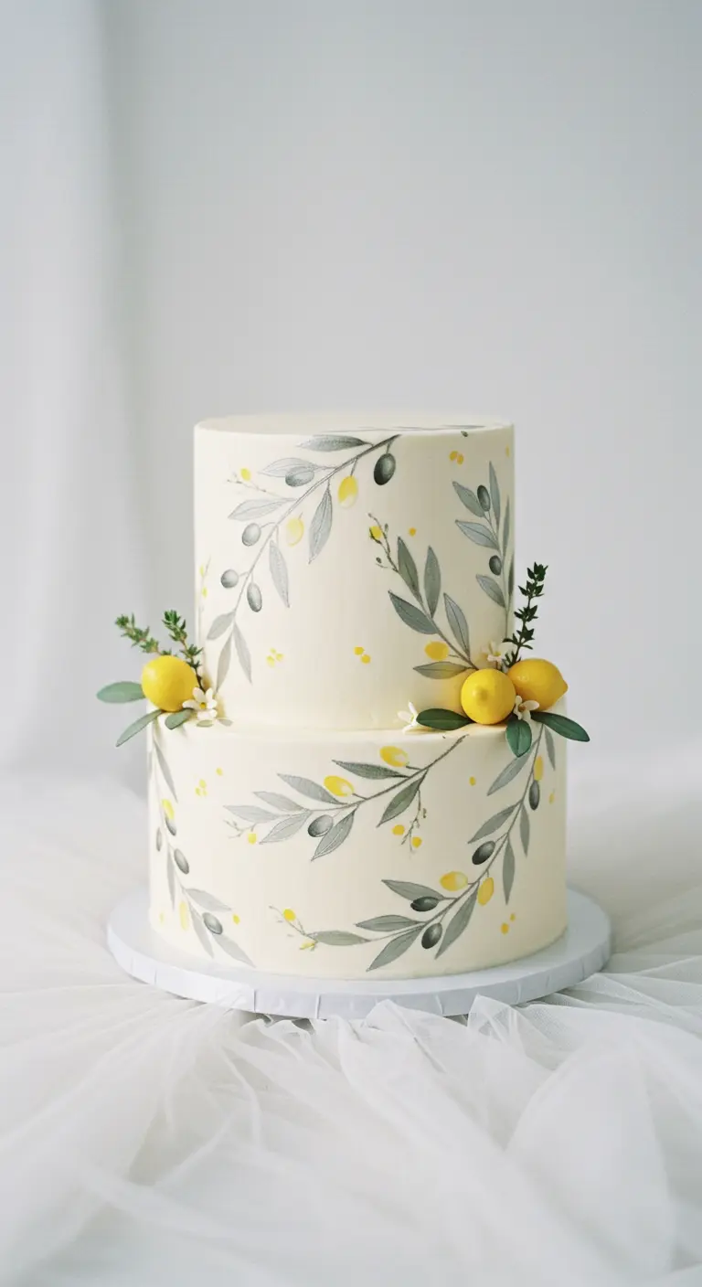 Zweistöckige weiße Torte mit handgemalten Olivenzweigen und Zitronen im Aquarell-Stil.