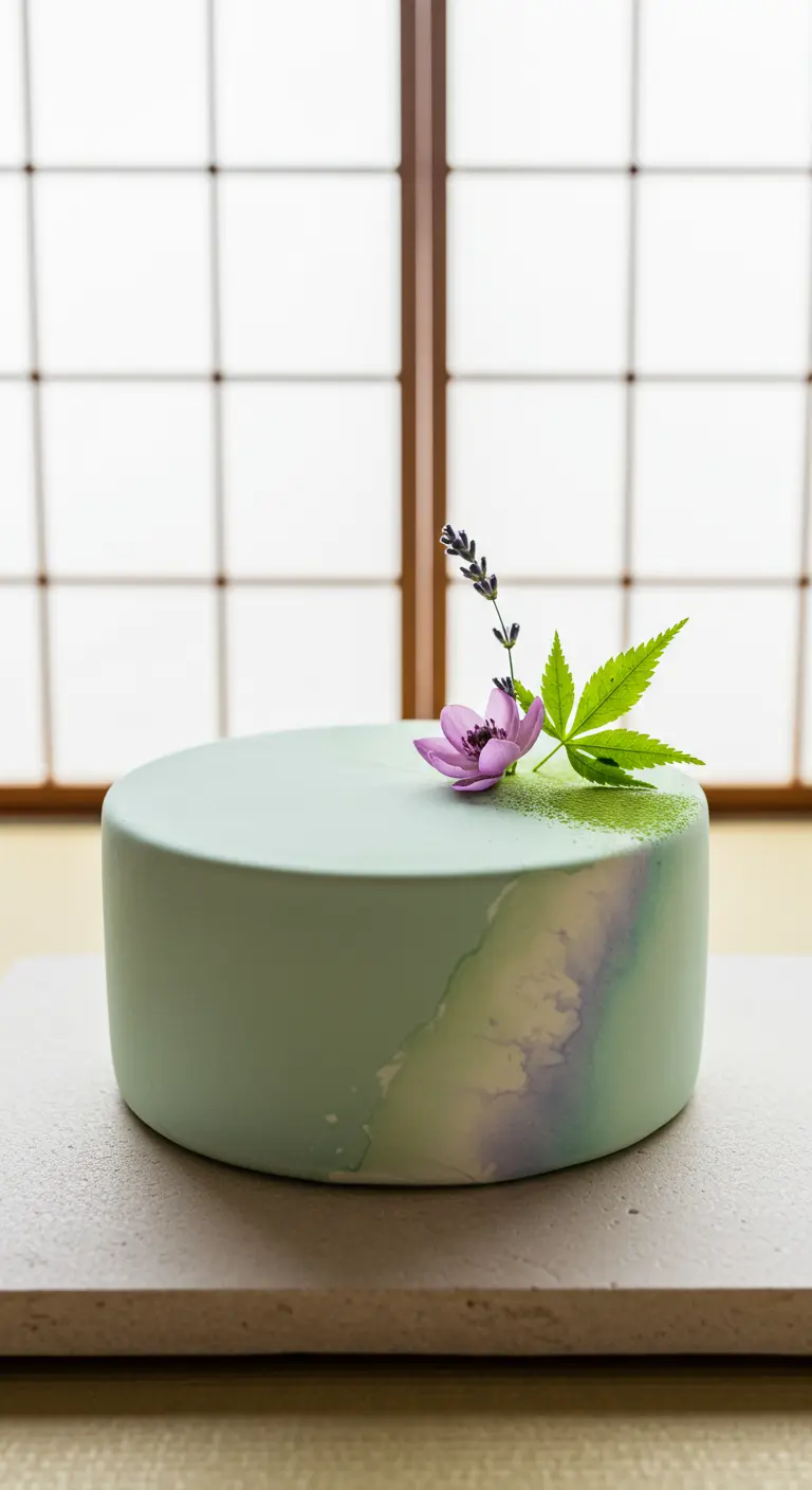 Hellgrüne Torte mit zartem Aquarell-Effekt in Lila und Grün, dekoriert mit einer kleinen Blüte.
