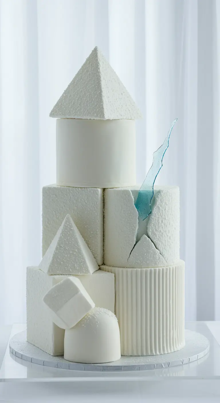 Weiße Torte aus geometrischen Formen mit verschiedenen Texturen und einem türkisen Isomalt-Bruchstück.