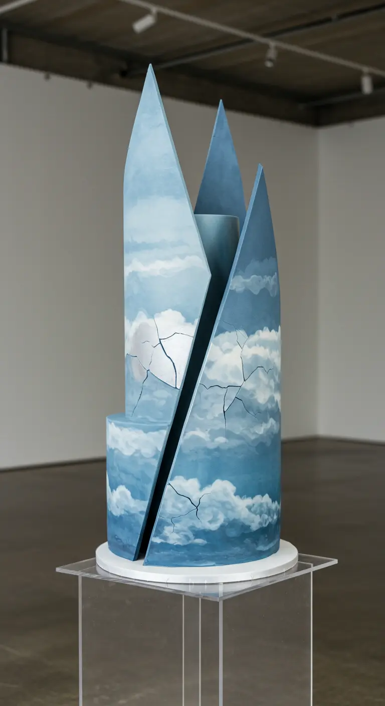 Moderne, geometrische Torte mit blau-weißem Wolkenmuster und silbernen Riss-Details.