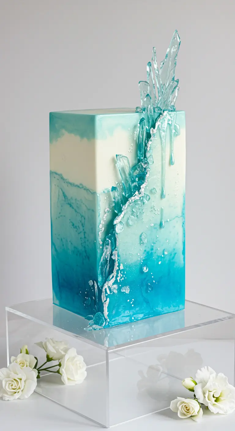Rechteckige Ombre-Torte in Weiß und Türkis mit großen, transparenten Eiskristallen und Zuckersplittern.