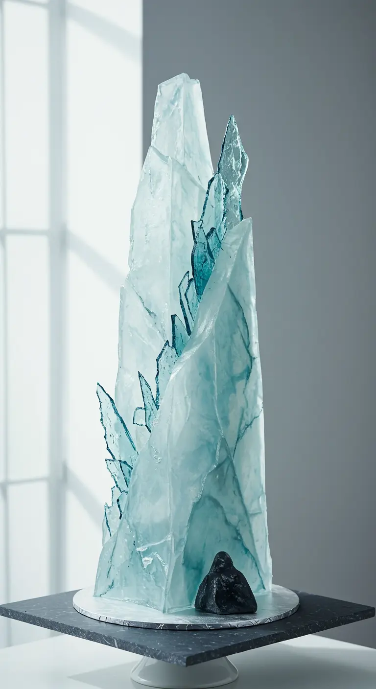 Hohe Torte in Form eines schimmernden, blauen Isomalt-Eisbergs mit Felsen am Fuß.