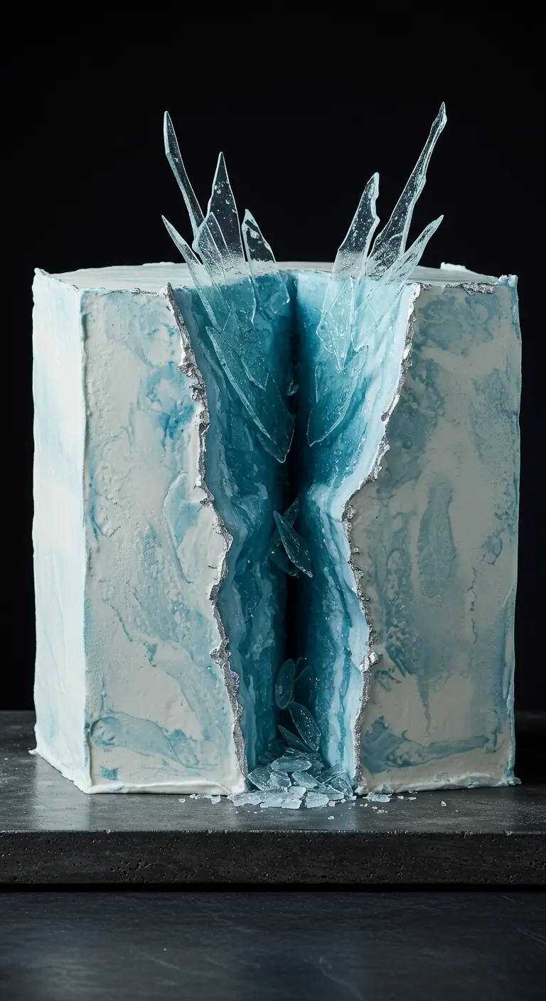 Rechteckige Torte in blau-weißer Marmoroptik mit einem tiefen, eisblauen Spalt und Isomalt-Scherben im Inneren.