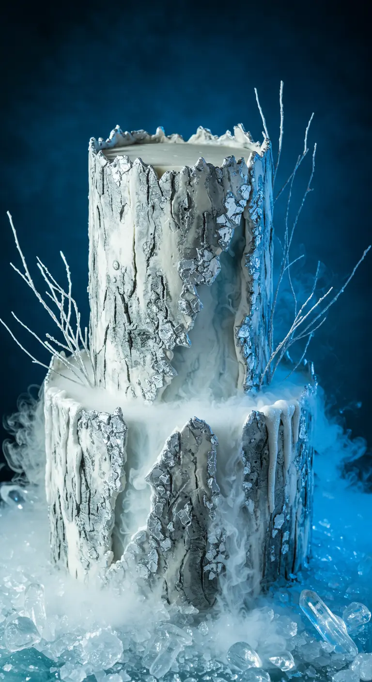 Silberne Torte im Birkenrinden-Look mit Eiskristallen und Nebel auf dem Untergrund.
