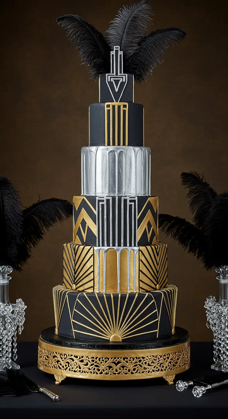 Mehrstöckige Art-Déco-Hochzeitstorte in Schwarz, Gold und Silber mit geometrischen Mustern.