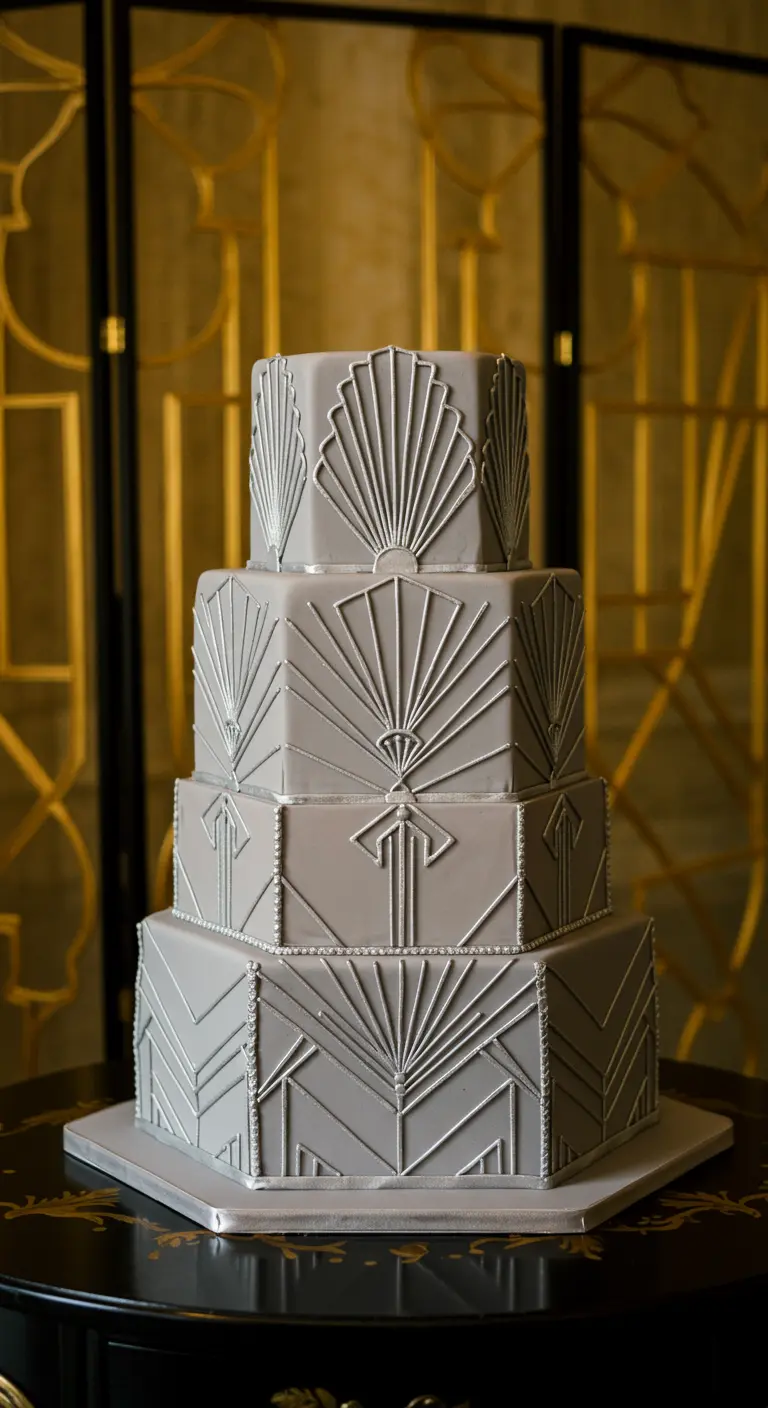 Graue, eckige Hochzeitstorte mit silbernen Art-déco-Mustern.