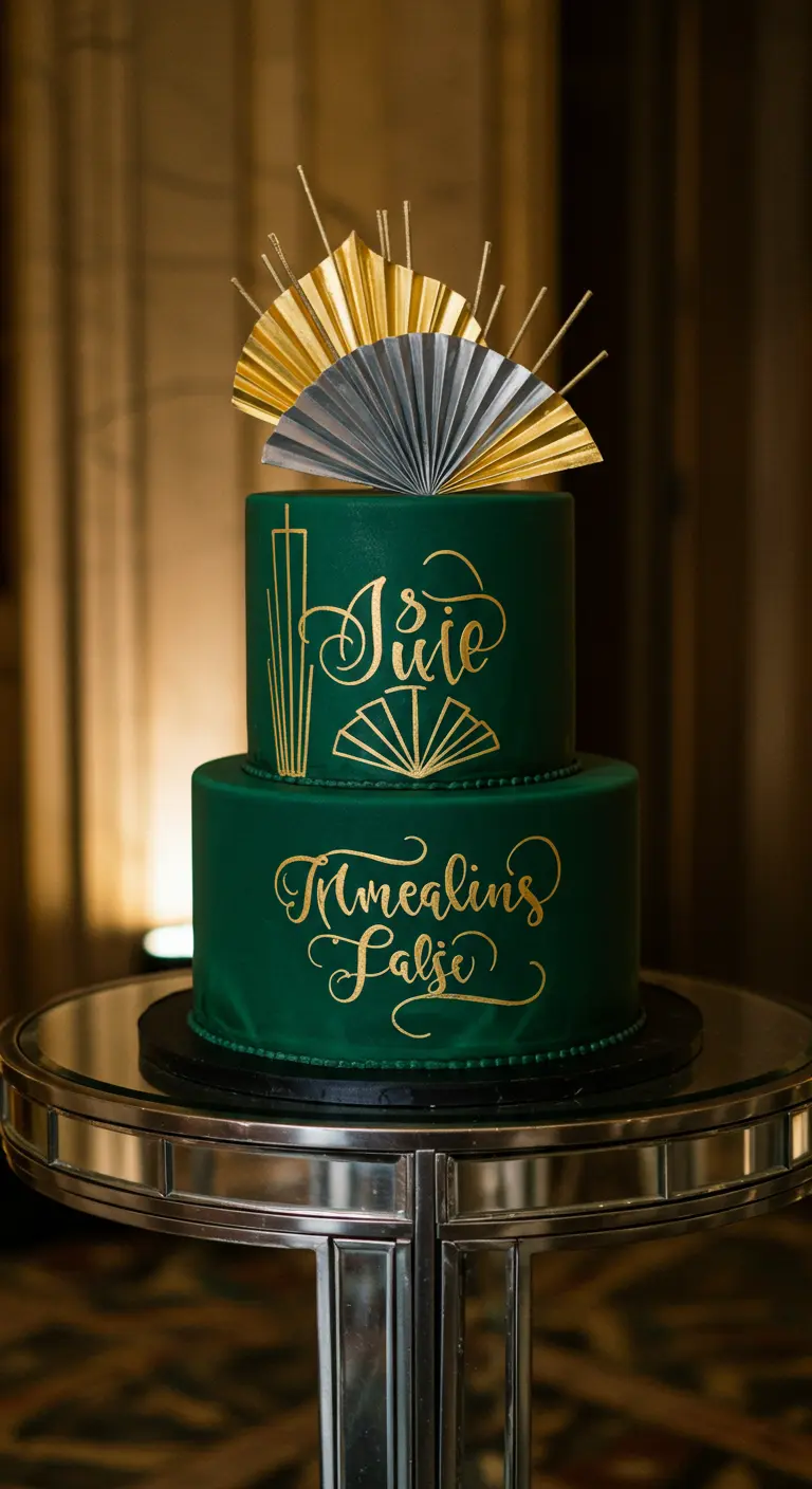 Zweistöckige grüne Torte im Art-Déco-Stil mit goldener Kalligrafie und Fächer-Dekor