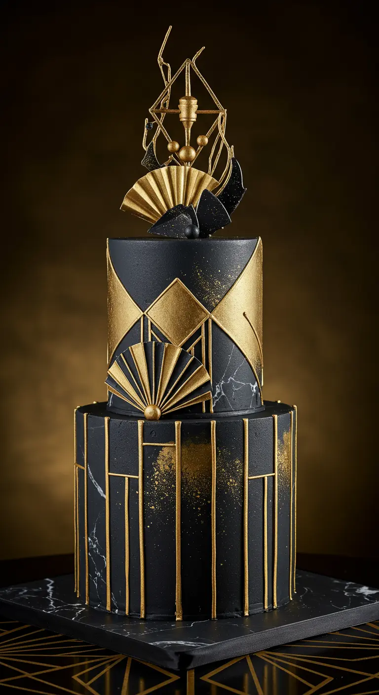 Zweistöckige schwarze Torte mit goldenen Art-Déco-Mustern und geometrischen Formen.