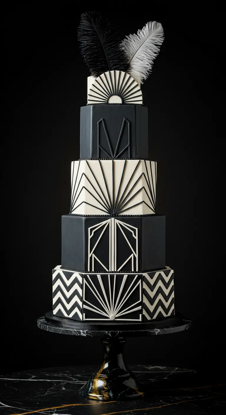 Mehrstöckige Hochzeitstorte im Art-Déco-Stil mit schwarzen und weißen geometrischen Mustern und Federn.