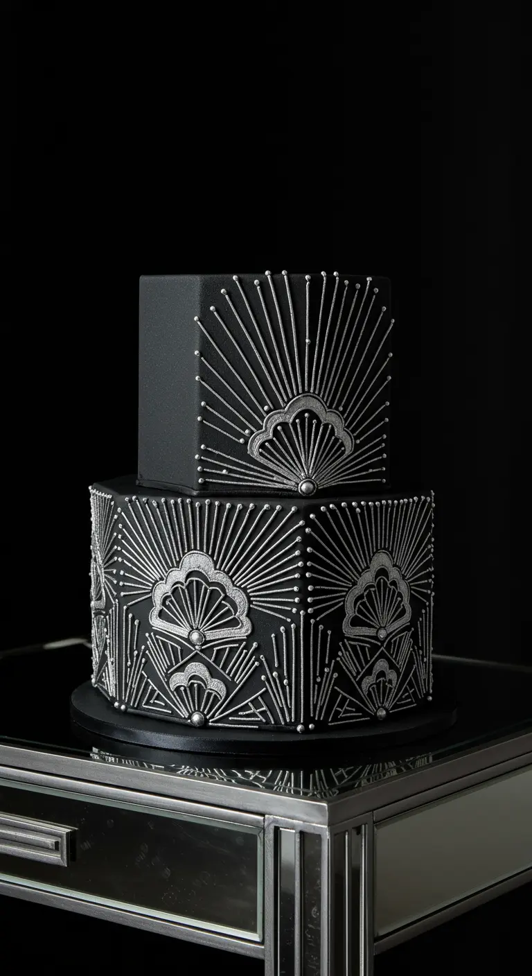 Schwarze, zweistöckige Art-déco-Torte mit silbernen Linien und Perlen.