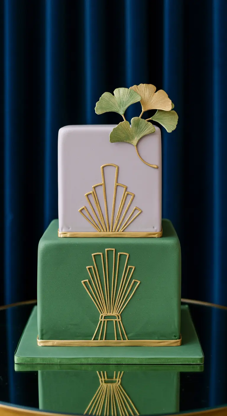 Zweistöckige quadratische Torte in Grün und Lavendel mit goldenen Art-Déco-Mustern und Ginkgoblättern.