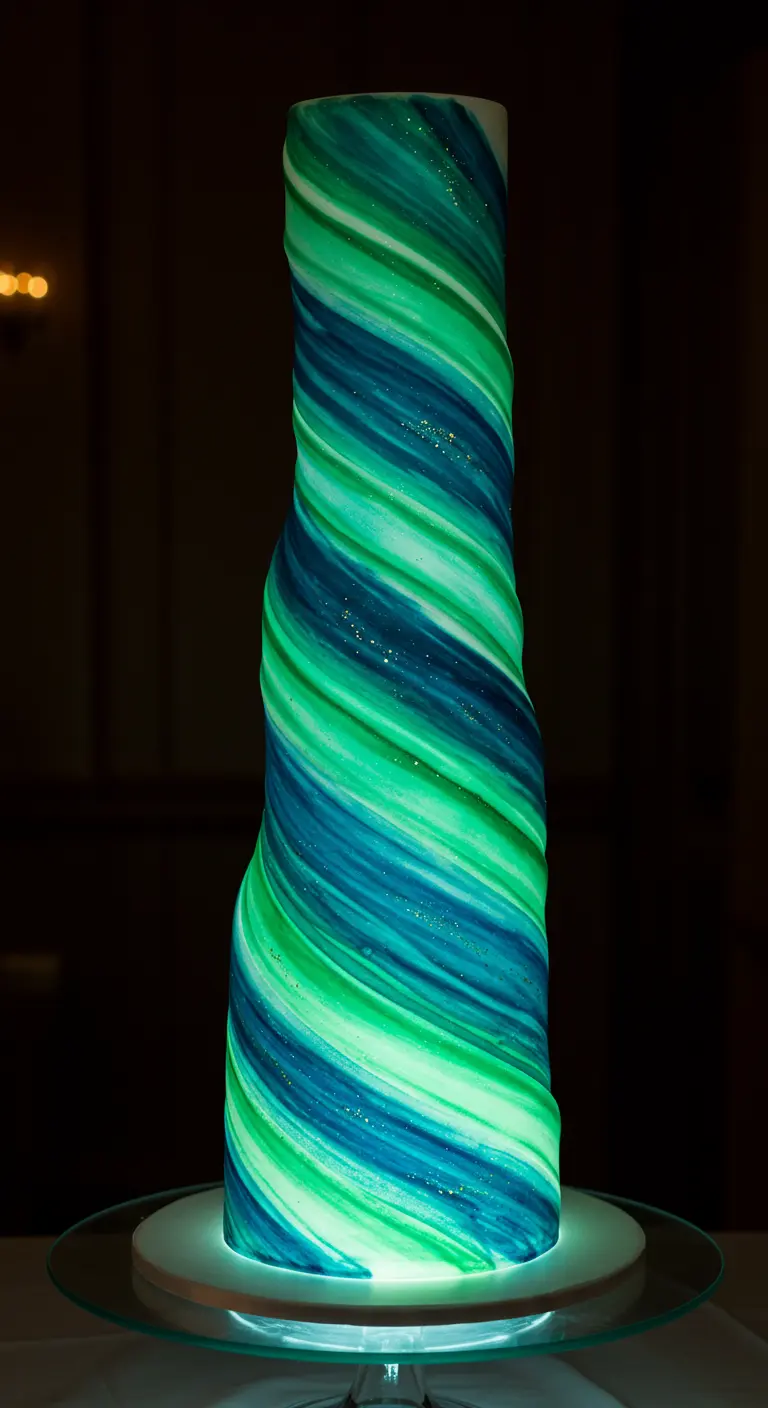 Hohe, zylindrische Torte mit spiralförmigem Muster in Türkis- und Grüntönen, von unten beleuchtet.