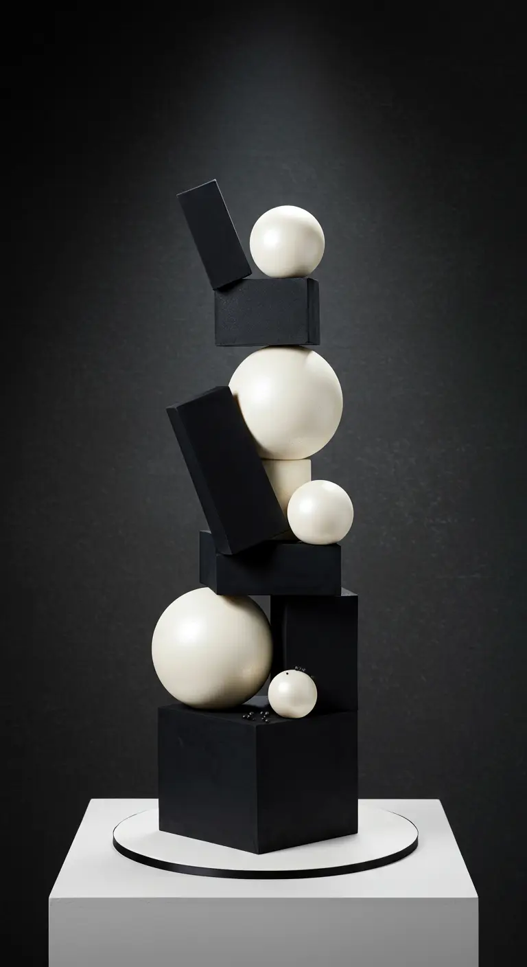 Abstrakte Hochzeitstorte aus schwarzen und weißen geometrischen Formen, die scheinbar instabil balancieren.