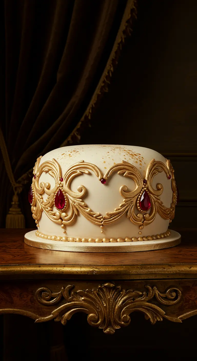 Weiße Torte mit üppigen goldenen Ornamenten und roten Zuckerjuwelen verziert.