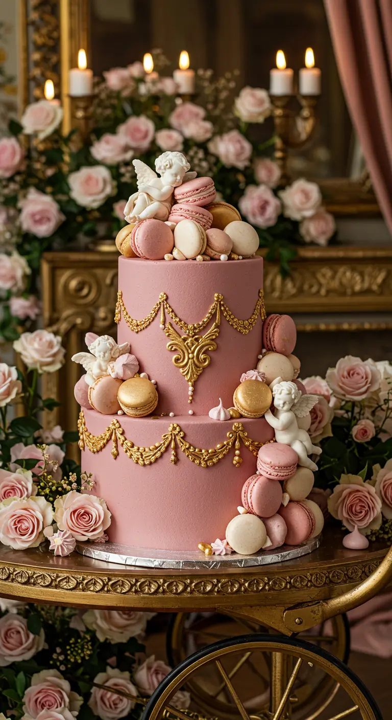 Zweistöckige rosa Torte mit goldenen Barock-Details, Engel-Figuren und Macarons.