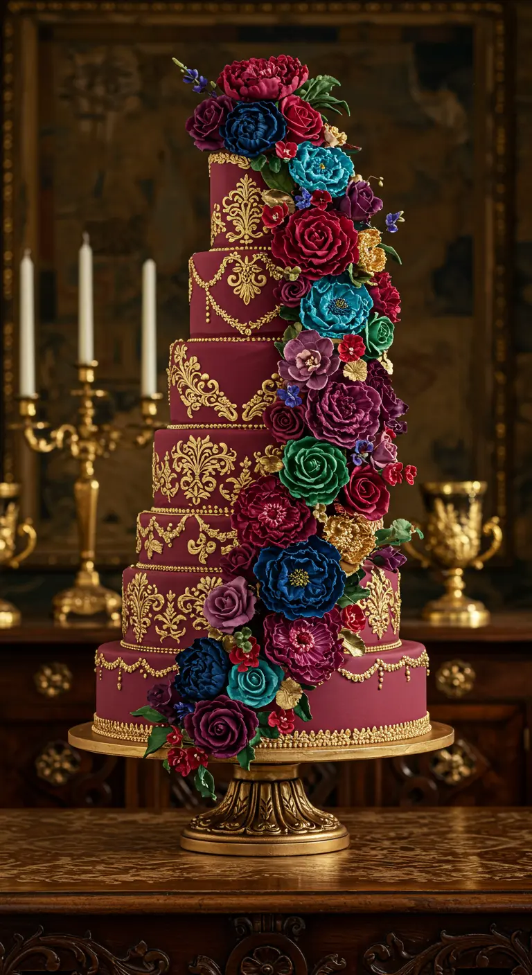 Mehrstöckige purpurfarbene Torte mit goldenen Barockmustern und einer üppigen Kaskade bunter Zuckerblumen.