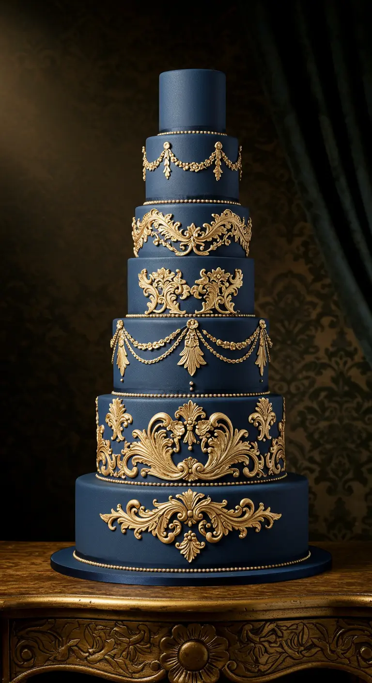 Opulente, marineblaue Hochzeitstorte mit goldenen Barock-Ornamenten.