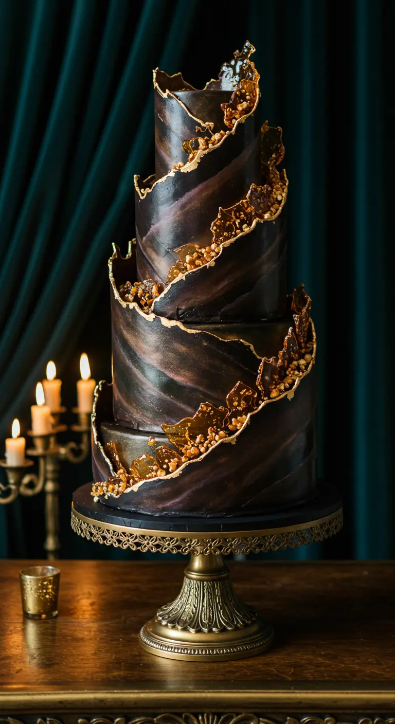Elegante mehrstöckige Torte mit gewellten, goldenen Rissen und dunklem Crunch-Finish.