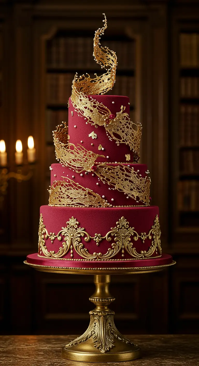 Prunkvolle, rote Torte mit filigraner, goldener Zuckerspitze, die sich um die Etagen windet.
