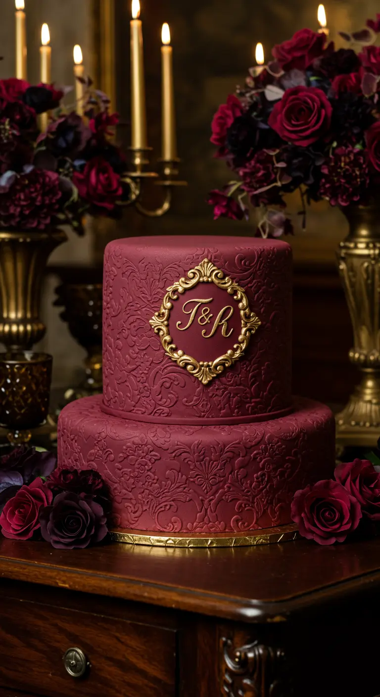 Bordeauxrote Hochzeitstorte mit Damastmuster und goldenem Monogramm-Schild.