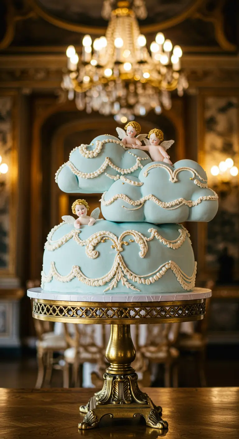 Mintgrüne zweistöckige Torte mit weißen Wolken-Ornamenten und kleinen Engelsfiguren.
