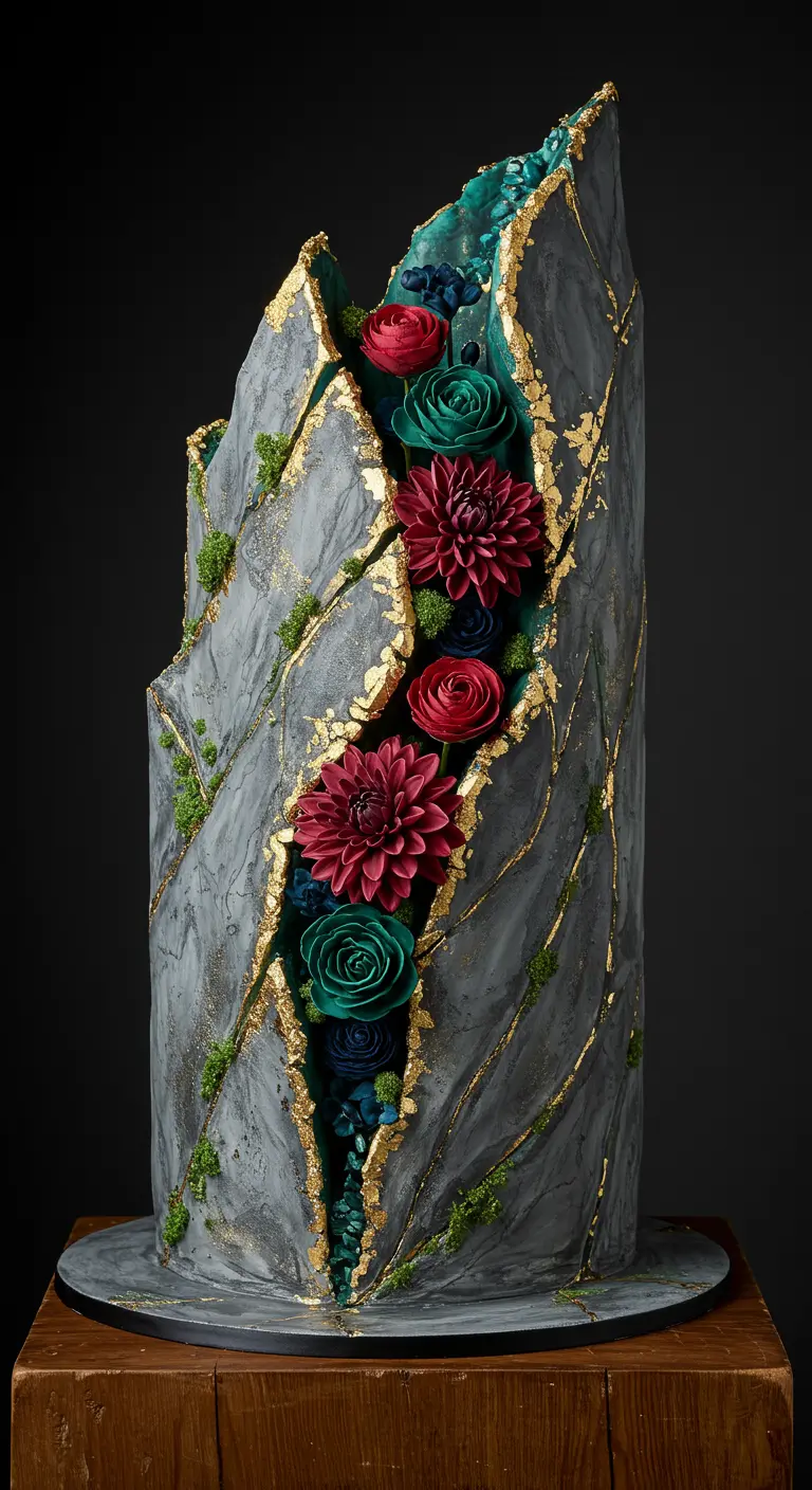 Hohe, graue Torte in Felsform mit goldener Bruchlinie, blauem Inneren und roten/grünen Blumen.