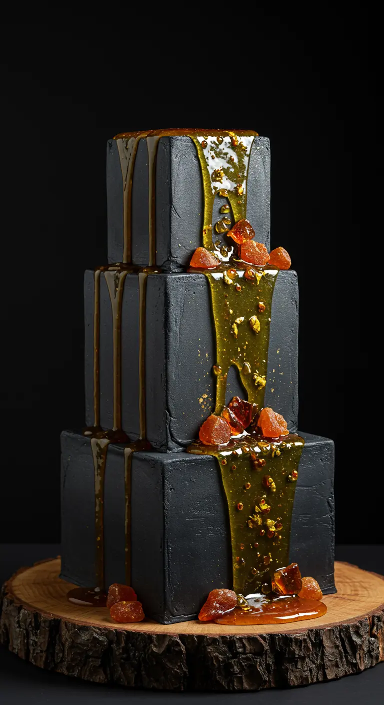 Schwarze, würfelförmige Hochzeitstorte mit golden-transparentem Bernstein-Drip.