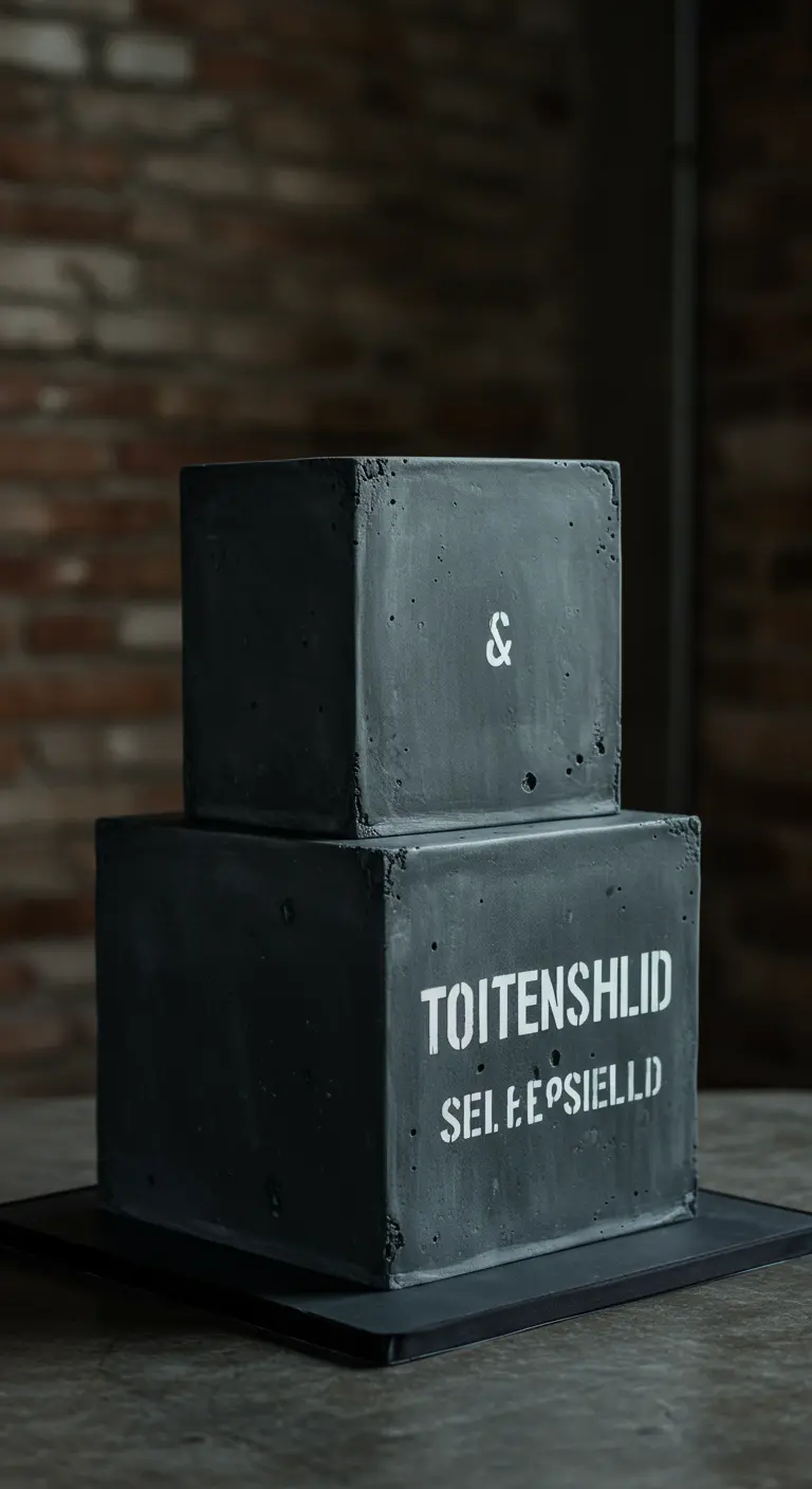 Zweistöckige Betontorte mit weißen Schablonen-Schriftzügen.