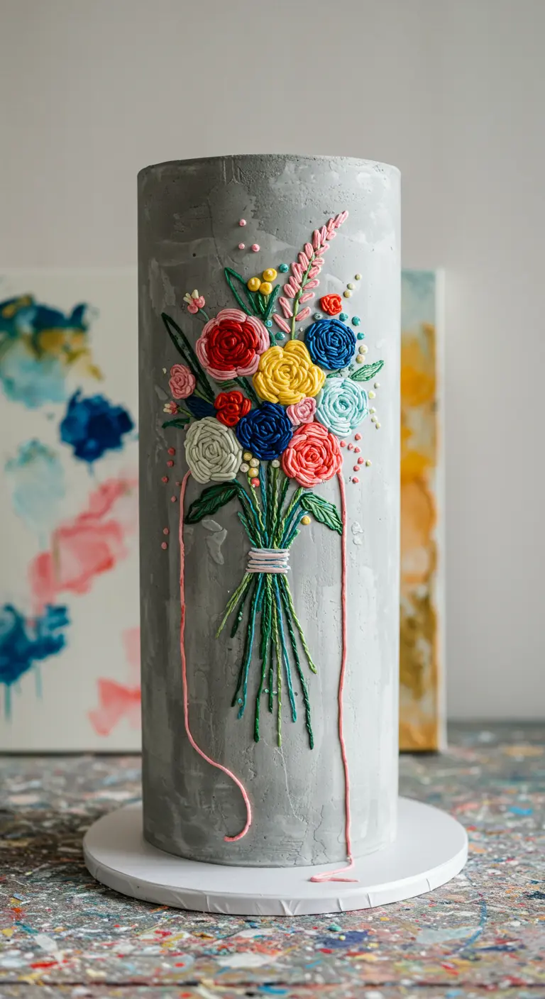 Hohe, graue Torte in Beton-Optik mit einem aufgespritzten bunten Blumenstrauß.