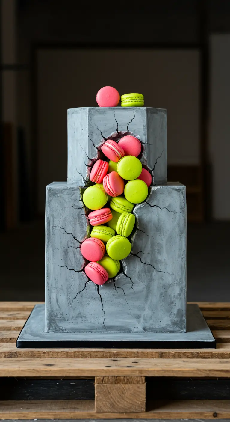 Zweistöckige Torte in Beton-Optik mit Rissen, aus denen pink-grüne Macarons quellen.