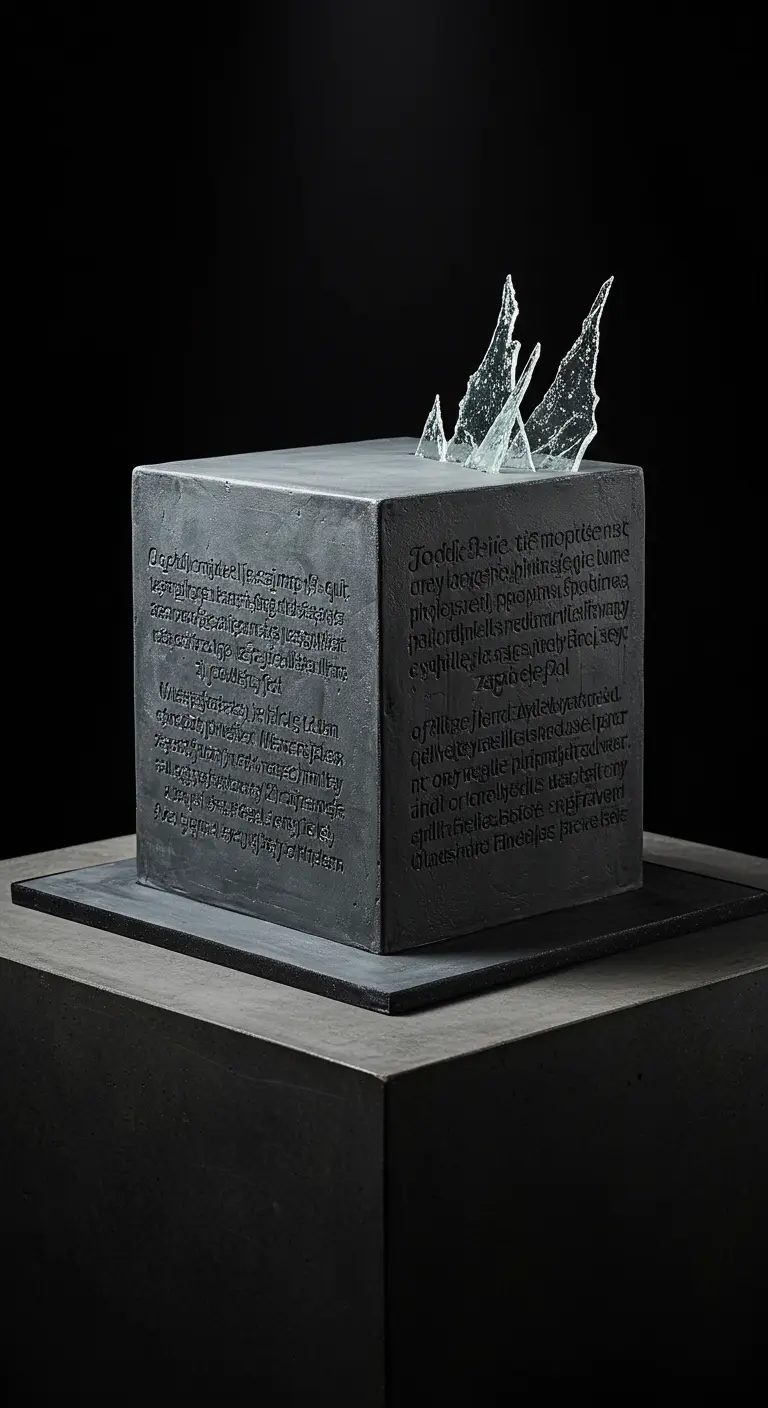 Graue Beton-Torte mit Kalligrafie und scharfkantigen Zuckerglas-Scherben